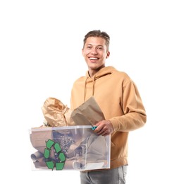 Photo of Recycling. Smiling man holding plastic box with different waste paper on white background