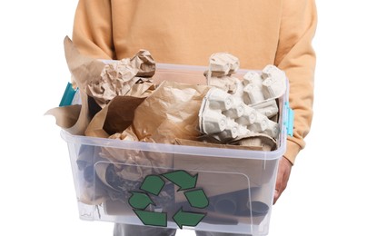 Photo of Recycling. Man holding plastic box with different waste paper on white background, closeup