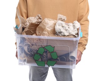 Photo of Recycling. Man holding plastic box with different waste paper on white background, closeup
