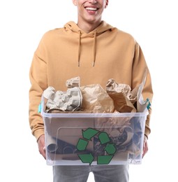 Photo of Recycling. Man holding plastic box with different waste paper on white background, closeup