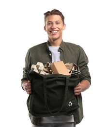 Photo of Recycling. Smiling man with bag full of different waste paper on white background