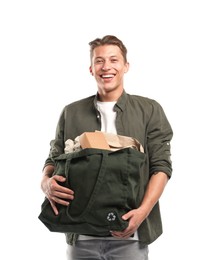 Photo of Recycling. Smiling man with bag full of different waste paper on white background