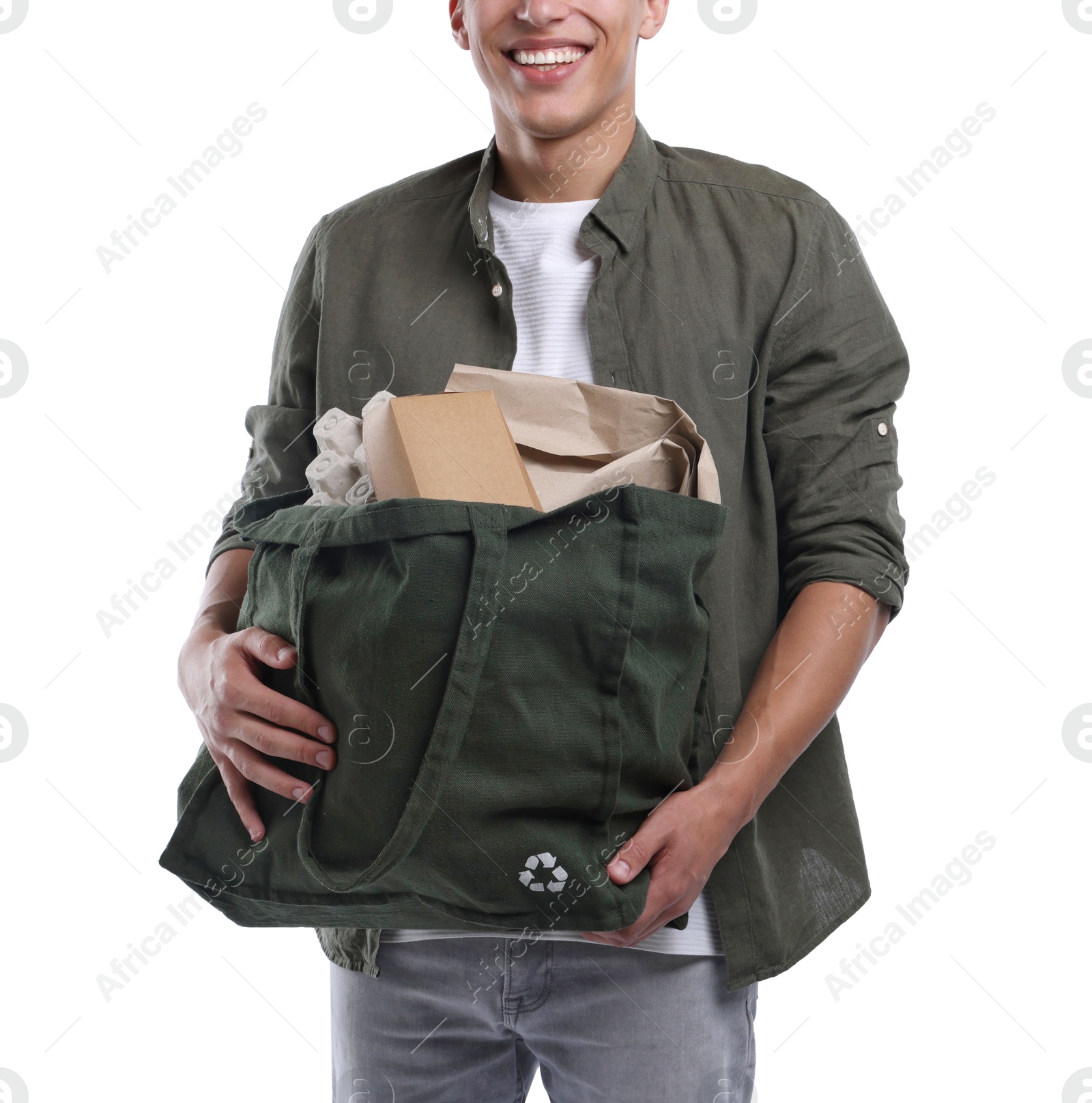 Recycling. Man with bag full of different waste paper on white background, closeup Photo of Recycling. Man with bag full of different waste paper on white background, closeup