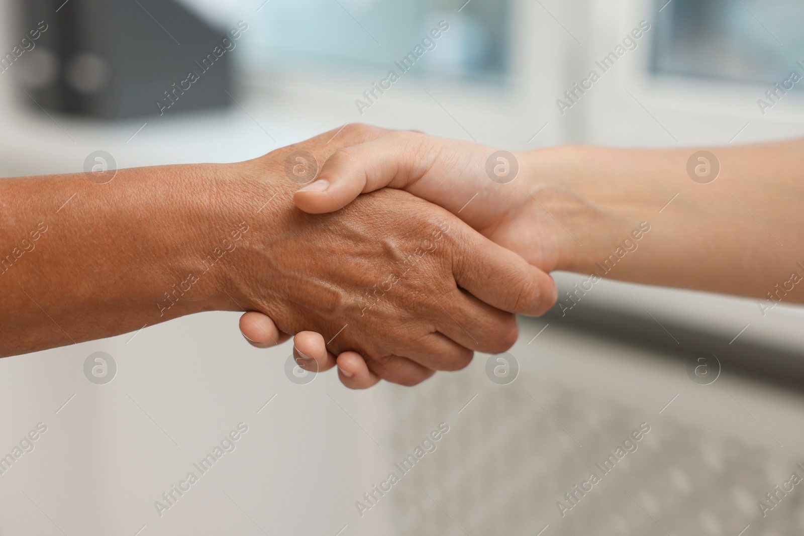Cooperation. Women shaking hands in office, closeup Photo of Cooperation. Women shaking hands in office, closeup