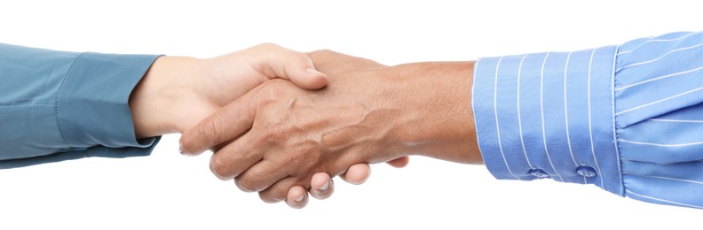 Photo of Women shaking hands on white background, closeup