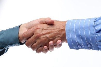 Photo of Women shaking hands on white background, closeup