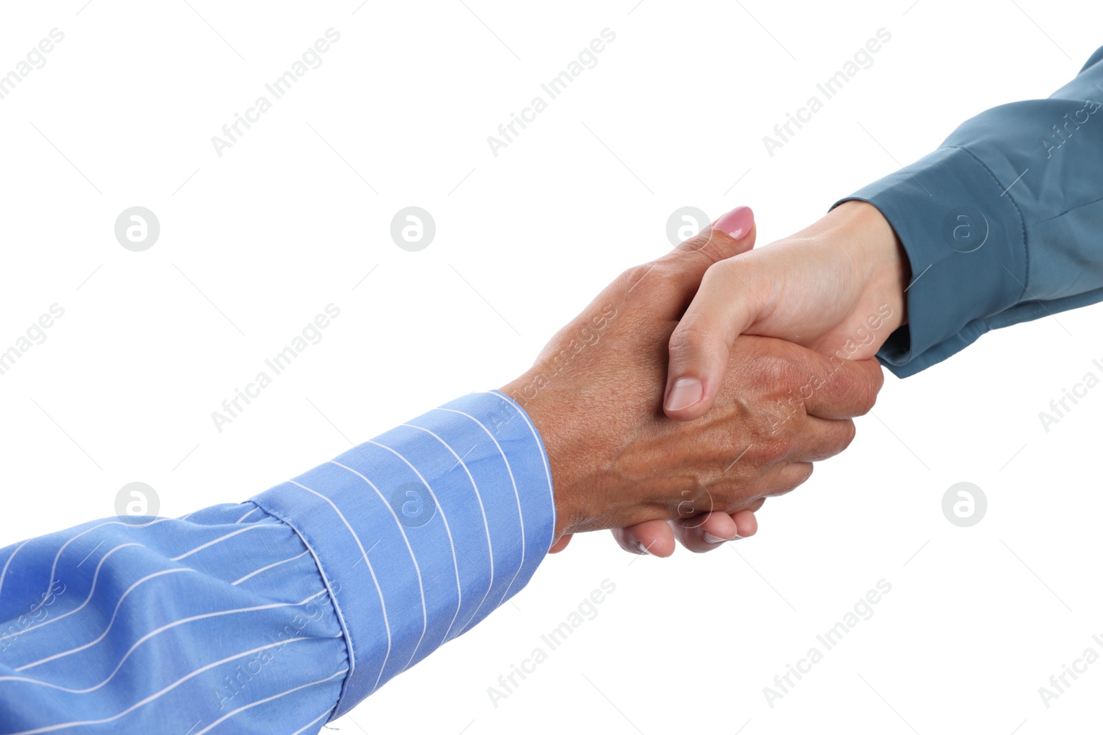 Photo of Women shaking hands on white background, closeup