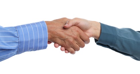 Photo of Women shaking hands on white background, closeup