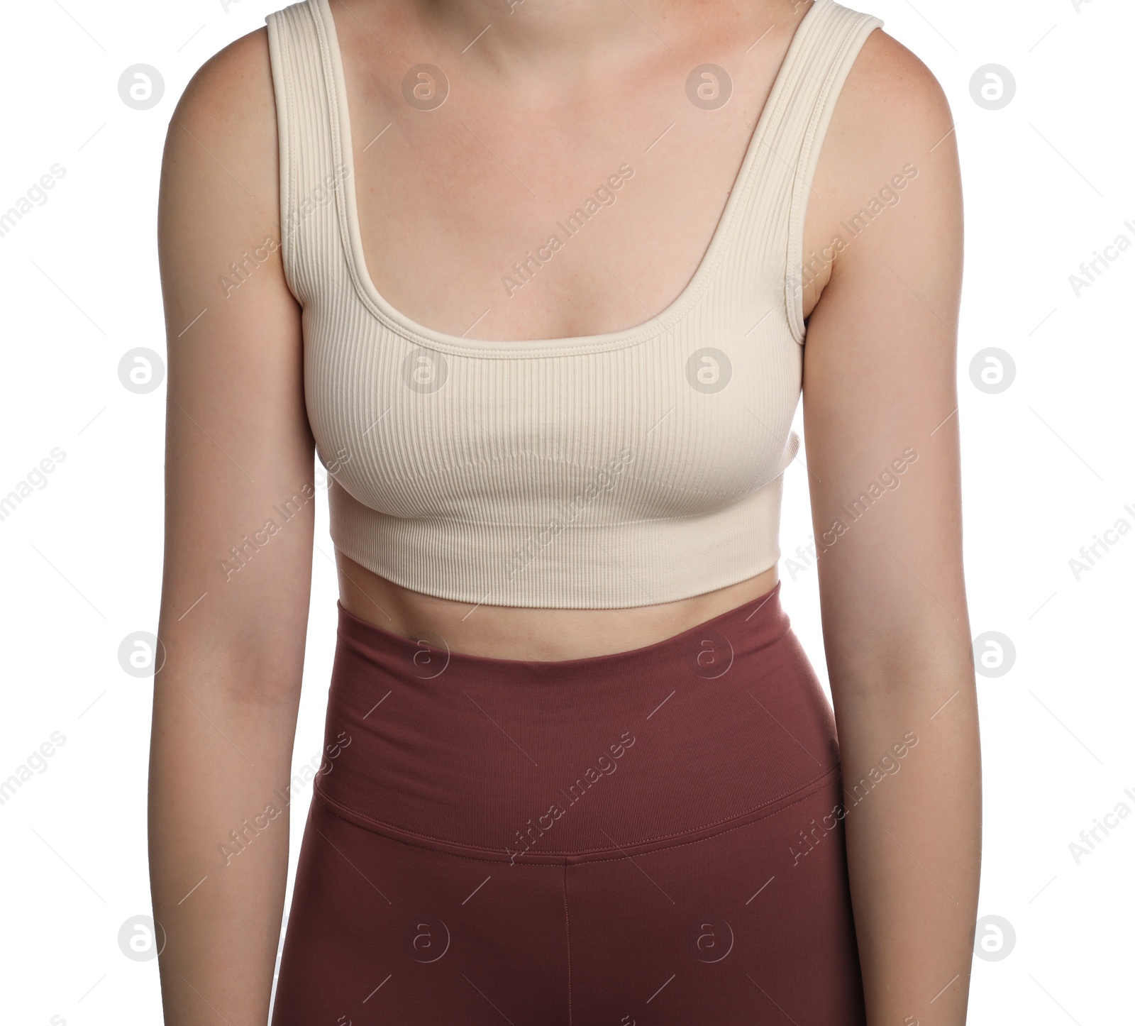 Woman with bad posture on white background, closeup Photo of Woman with bad posture on white background, closeup