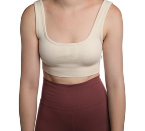 Photo of Woman with bad posture on white background, closeup