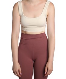 Photo of Woman with bad posture on white background, closeup