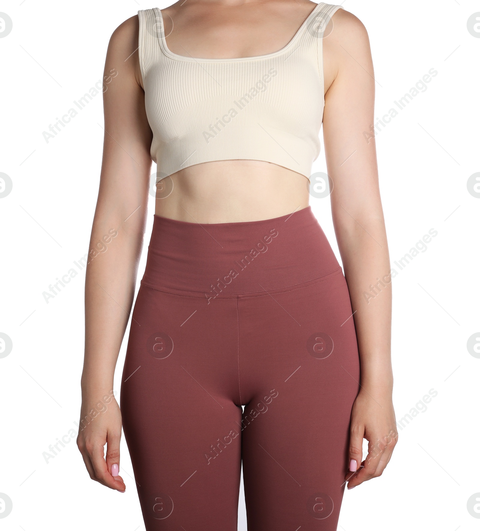 Photo of Woman with good posture on white background, closeup