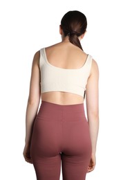 Photo of Woman with bad posture on white background, back view