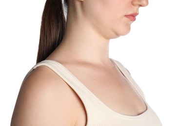 Photo of Woman with double chin on white background, closeup