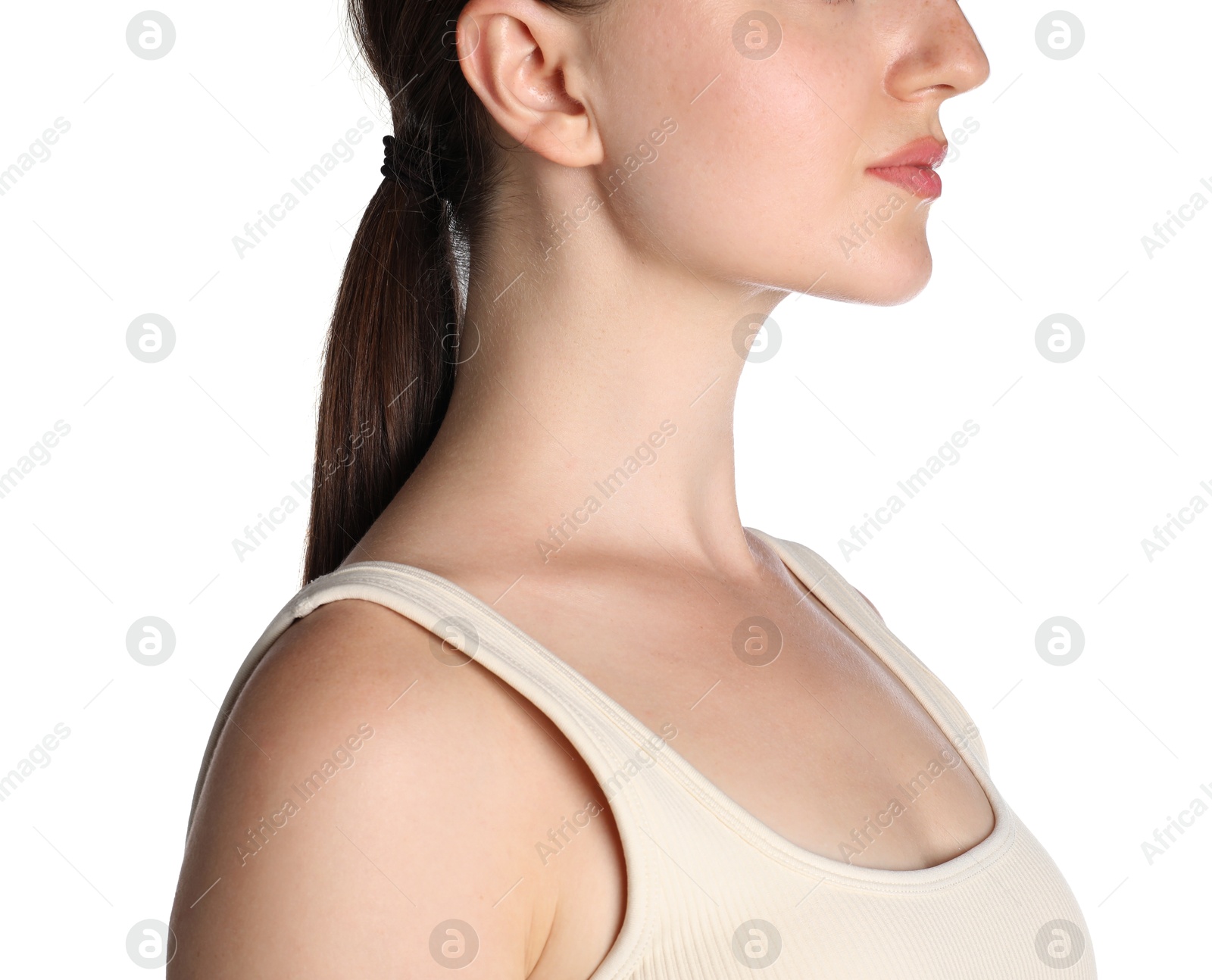 Photo of Closeup view of woman on white background