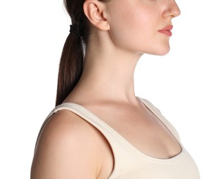 Photo of Closeup view of woman on white background