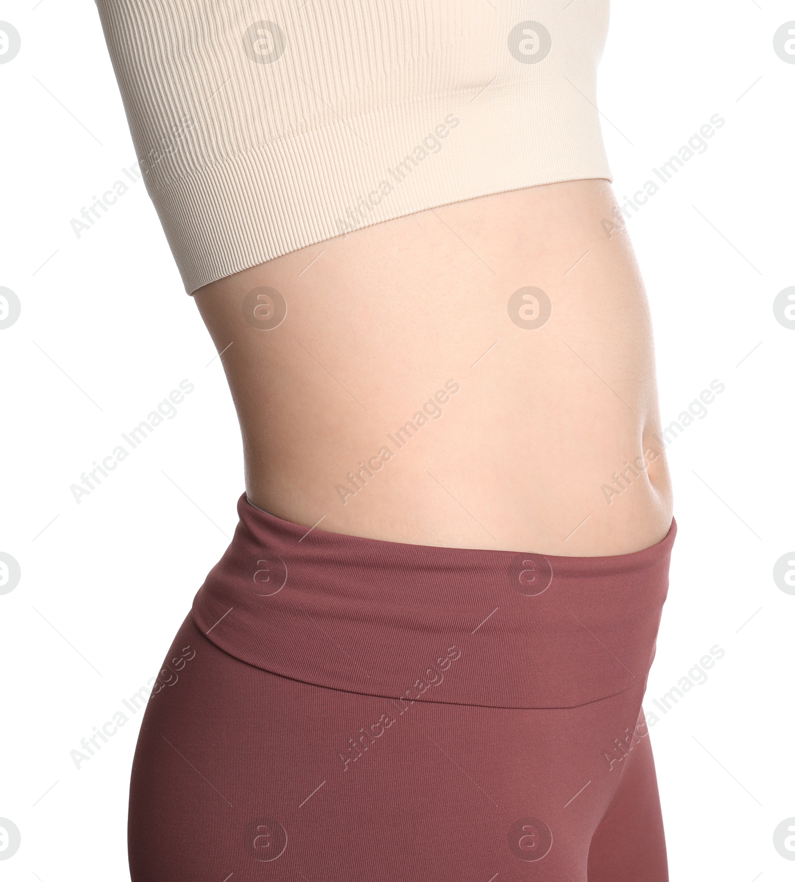 Woman after weight loss on white background, closeup Photo of Woman after weight loss on white background, closeup
