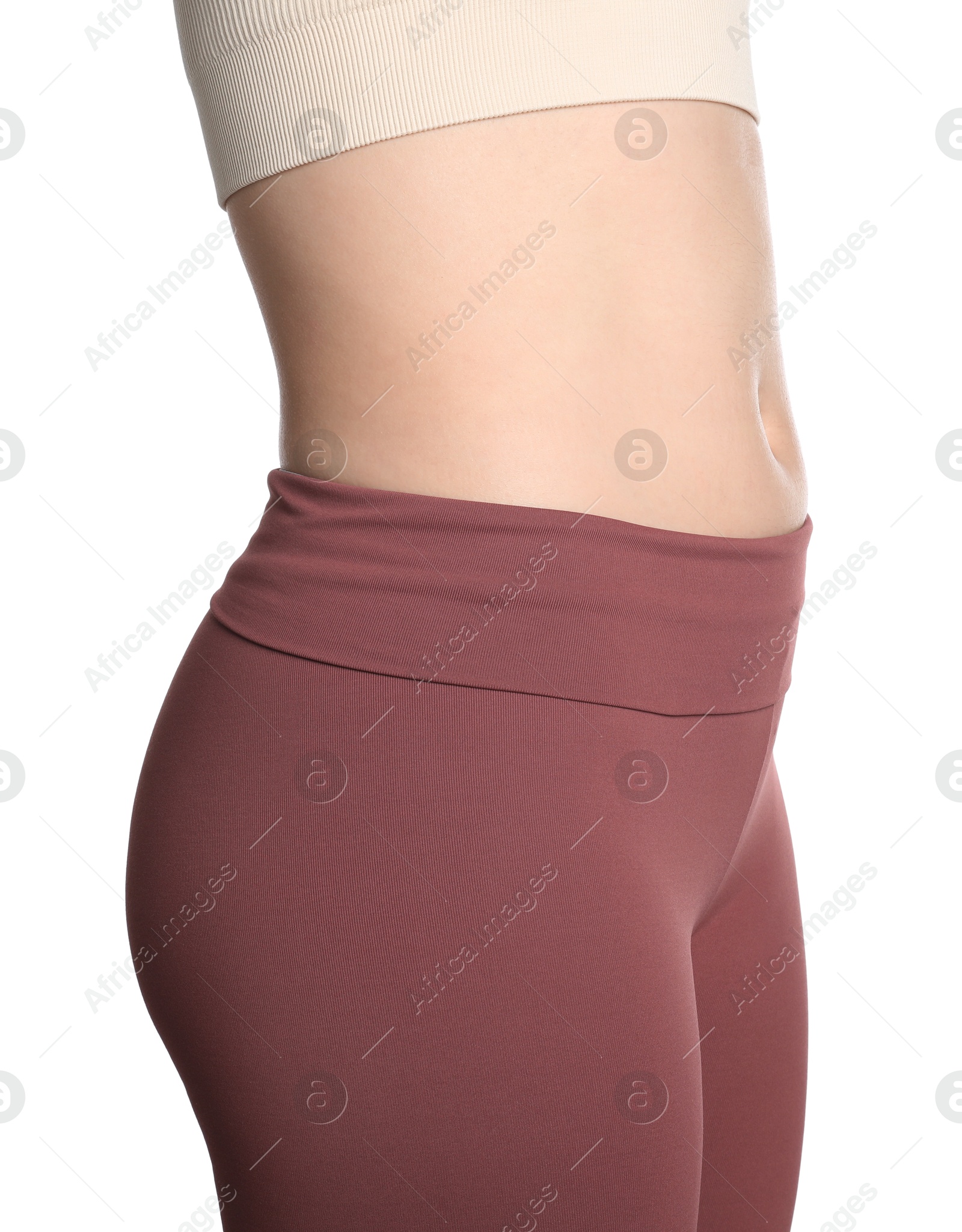 Photo of Woman after weight loss on white background, closeup