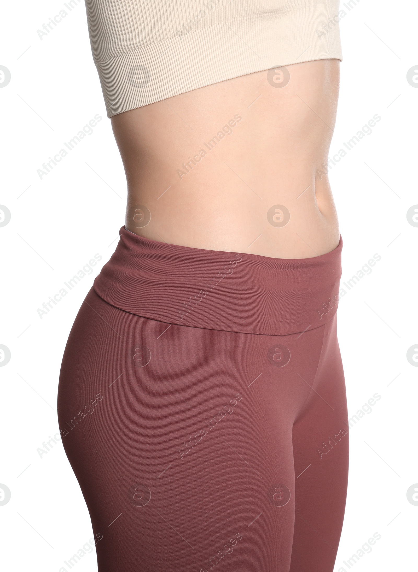 Photo of Woman after weight loss on white background, closeup