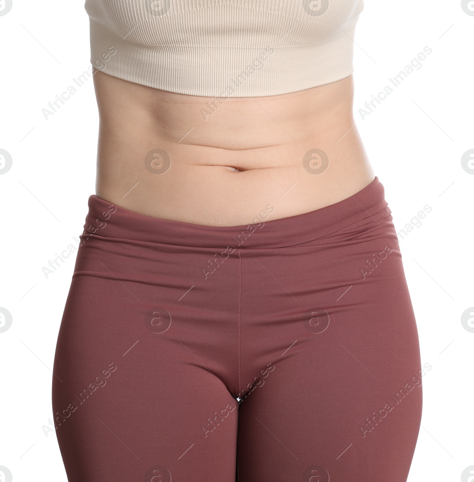 Woman after weight loss on white background, closeup Photo of Woman after weight loss on white background, closeup