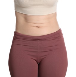 Photo of Woman after weight loss on white background, closeup