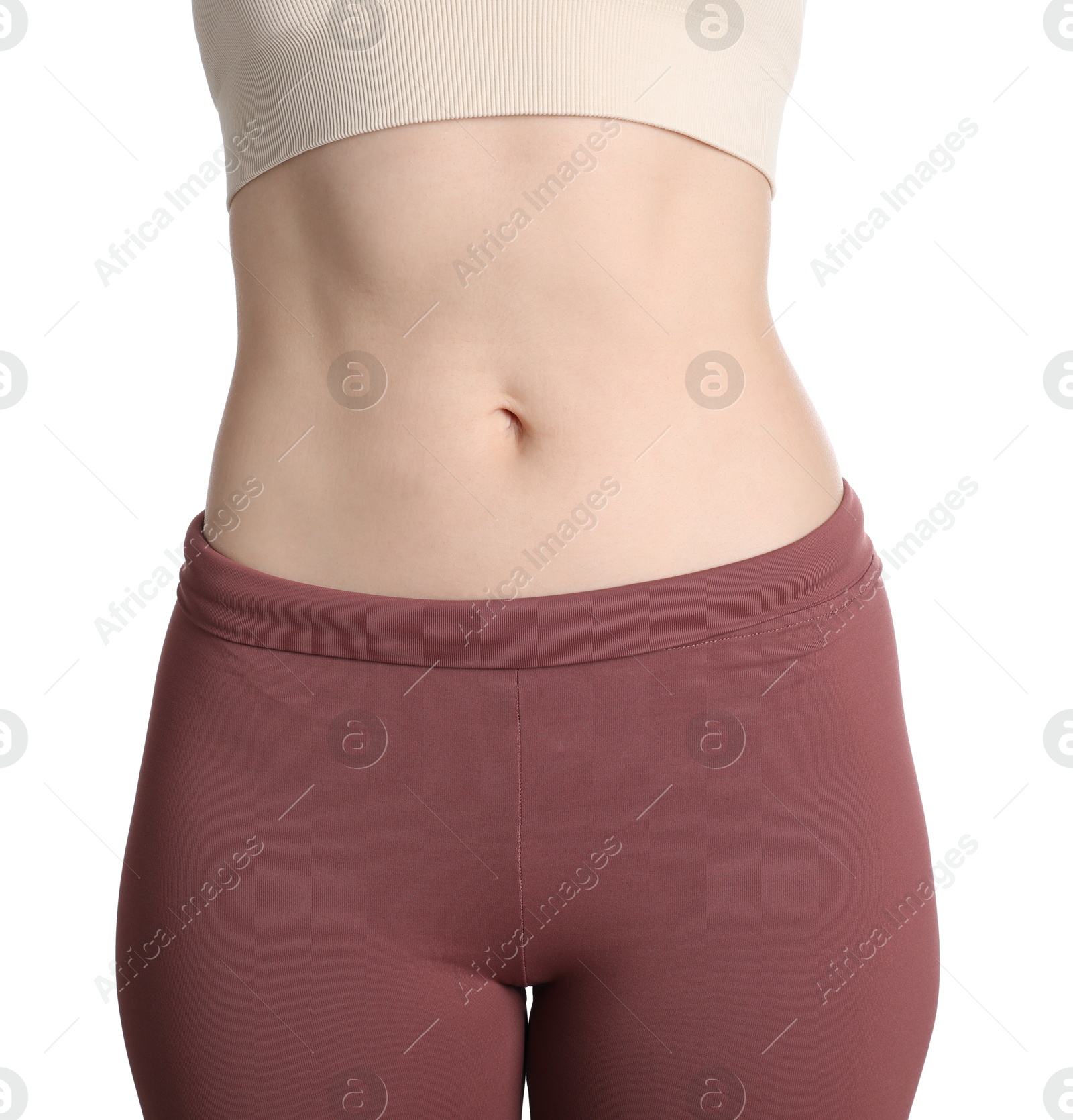 Woman after weight loss on white background, closeup Photo of Woman after weight loss on white background, closeup