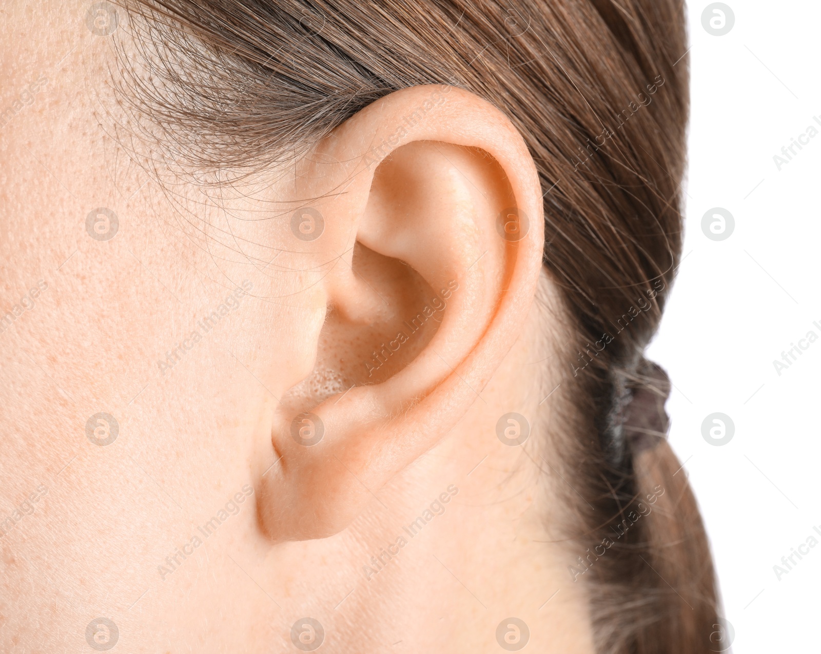 Photo of Woman with healthy skin on white background, closeup