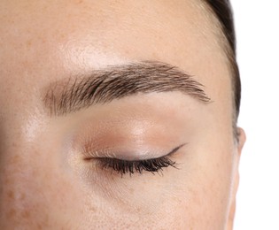 Photo of Woman before cosmetic procedure on white background, closeup