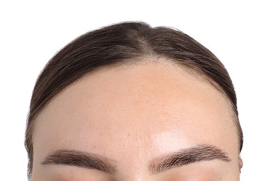Photo of Woman after rejuvenation on white background, closeup
