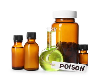 Photo of Glass bottles with poisons isolated on white