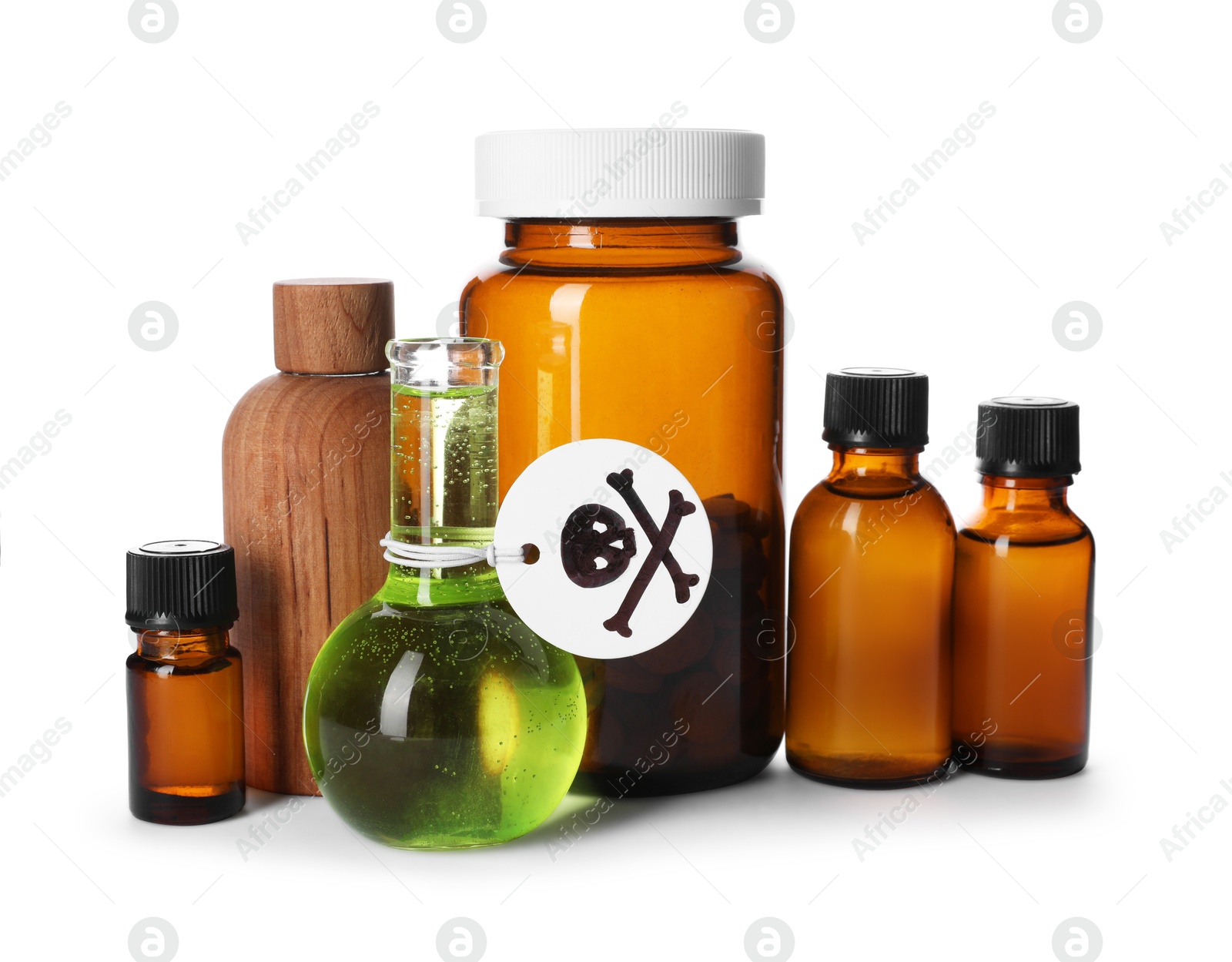 Bottles of poisons with warning sign isolated on white Photo of Bottles of poisons with warning sign isolated on white