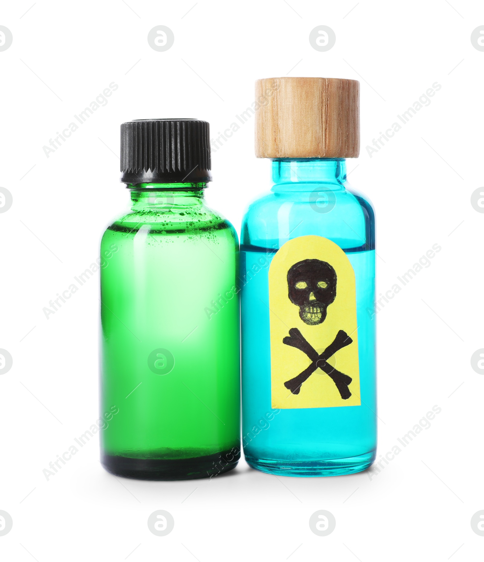 Bottles of poisons with warning sign isolated on white Photo of Bottles of poisons with warning sign isolated on white