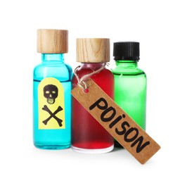 Photo of Bottles of poisons with warning sign isolated on white