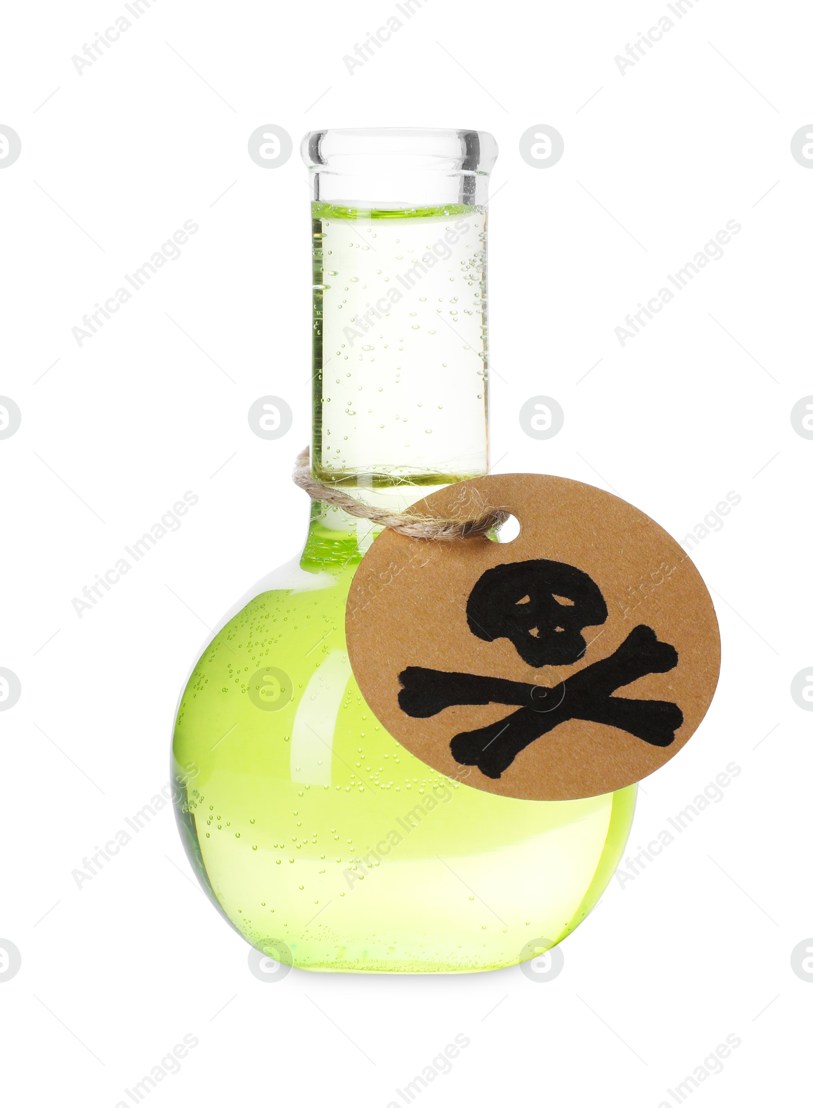 Flask of poison with warning sign isolated on white Photo of Flask of poison with warning sign isolated on white