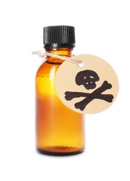 Photo of Bottle of poison with warning sign isolated on white