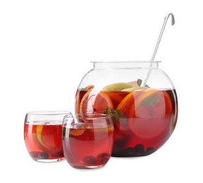 Photo of Fruity punch isolated on white. Refreshing drink
