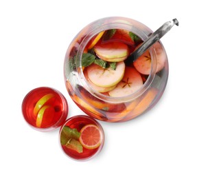 Photo of Fruity punch isolated on white, top view. Refreshing drink