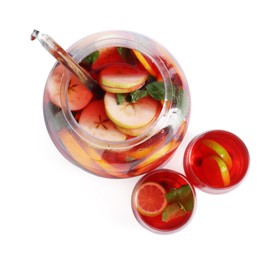Photo of Fruity punch isolated on white, top view. Refreshing drink