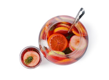 Photo of Fruity punch isolated on white, top view. Refreshing drink