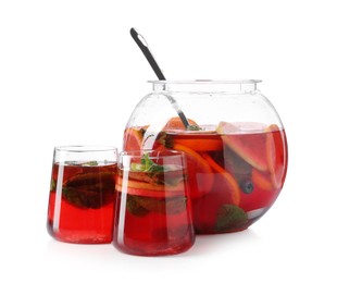 Photo of Fruity punch isolated on white. Refreshing drink