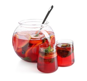 Photo of Fruity punch isolated on white. Refreshing drink