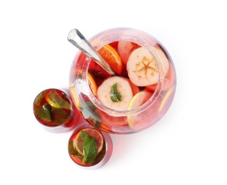 Photo of Fruity punch isolated on white, top view. Refreshing drink