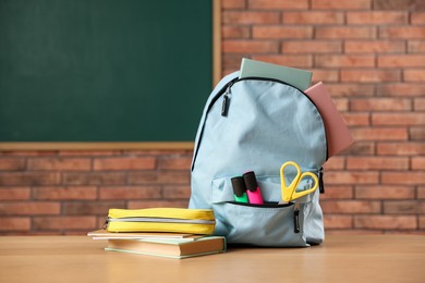 Photo of Light blue backpack with different stationery, pencil case and book on desk in classroom