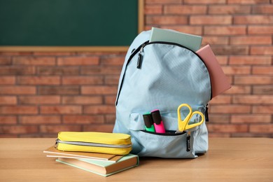 Photo of Light blue backpack with different stationery, pencil case and book on desk in classroom