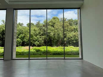 Photo of Beautiful green trees and other different plants under blue sky, view through panoramic windows