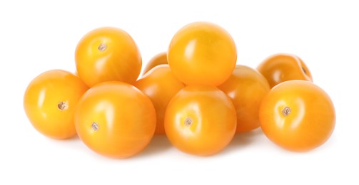 Photo of Many ripe yellow tomatoes isolated on white