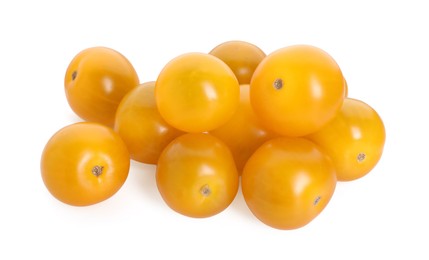 Photo of Many ripe yellow tomatoes isolated on white