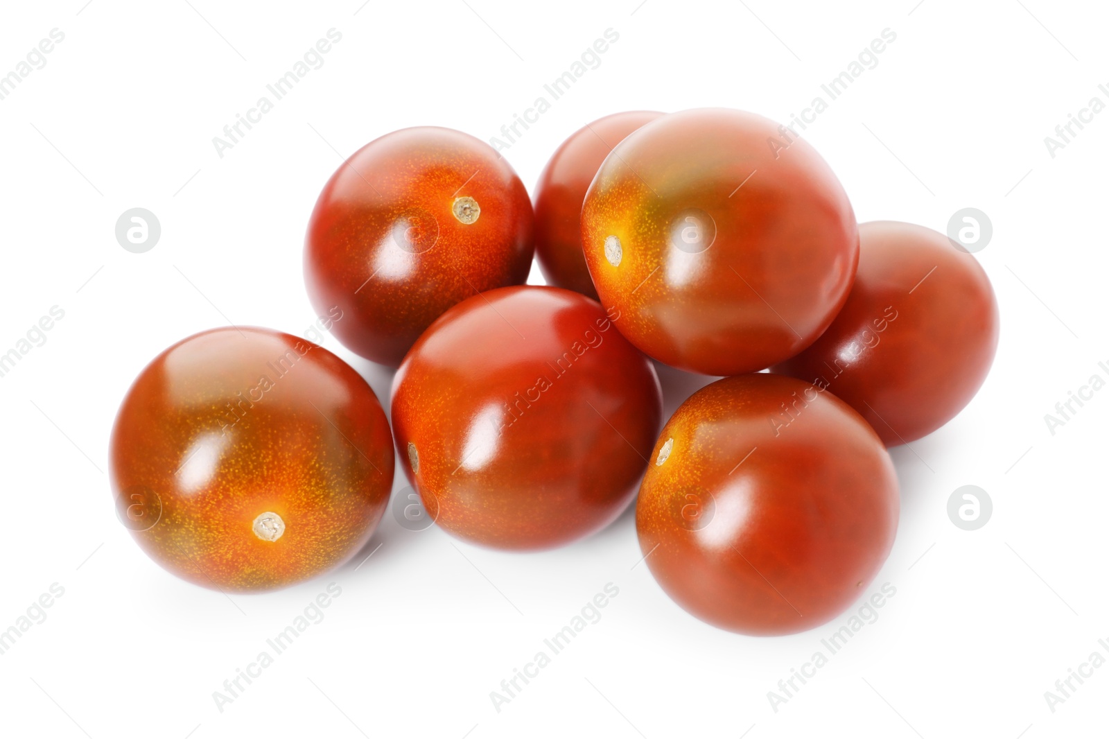Photo of Many ripe juicy tomatoes isolated on white