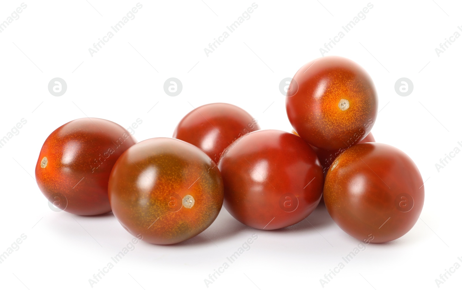 Photo of Many ripe juicy tomatoes isolated on white