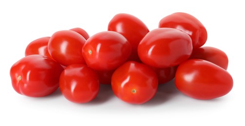 Photo of Many ripe red tomatoes isolated on white